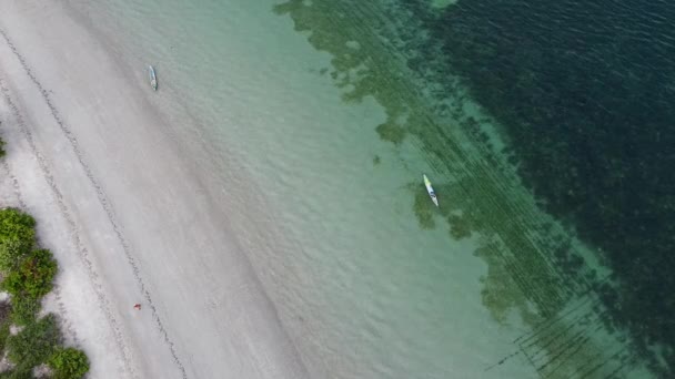 Persona Aérea Caminando Largo Una Playa Arena Blanca Barco Pesca — Vídeos de Stock