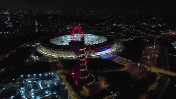 Vista Aérea Sobre West Ham United Futurista Iluminado Arcelormittal Neón — Vídeos de Stock