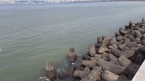Betonwellenbrecher Entlang Der Promenade Der Küste Der Nähe Der Marine — Stockvideo