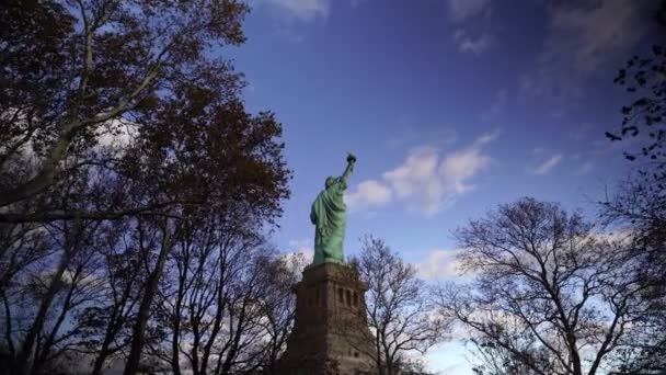 Pov Berjalan Melalui Pohon Menuju Patung Liberty New York Amerika — Stok Video
