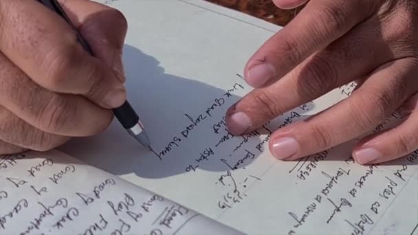 手记在笔记本上 近照一个人的手在纸上写东西的前景 — 图库视频影像