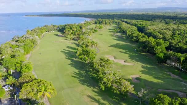 Karayipler Okyanusun Yanındaki Göz Kamaştırıcı Yeşil Golf Sahası — Stok video