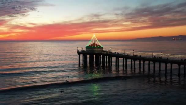 Widok Lotu Ptaka Manhattan Beach Pier Sylhouette Kalifornia Zachodzie Słońca — Wideo stockowe