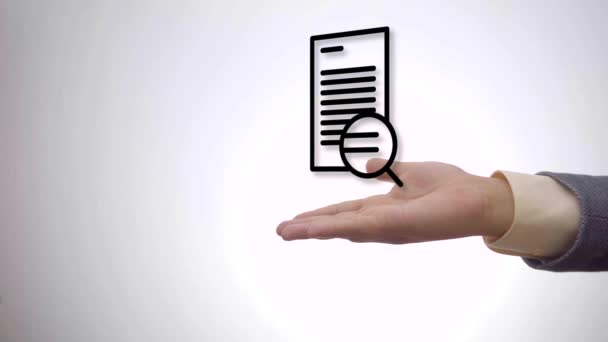 Document Search Concept Hand Showing Hologram Document Magnifying Glass — Stock Video