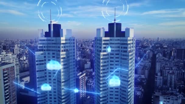 Aéreo Cidade Futurista Cor Azul Com Comunicação Arranha Céu Torre — Vídeo de Stock