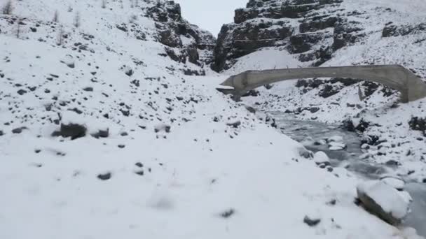 Γέφυρα Και Rocky Stream Στο Kotargil Canyon Βόρεια Της Ισλανδίας — Αρχείο Βίντεο