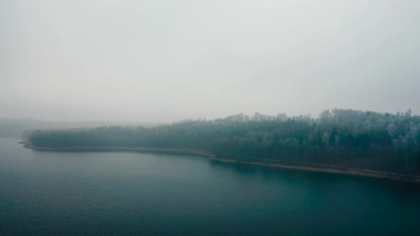 Hermoso Lago Bosque Invierno Durante Niebla Vista Aérea — Vídeo de stock