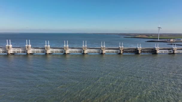 Hollanda Zeeland Deki Doğu Scheldt Fırtına Dalgalanması Bariyerinin Hava Görüntüsü — Stok video