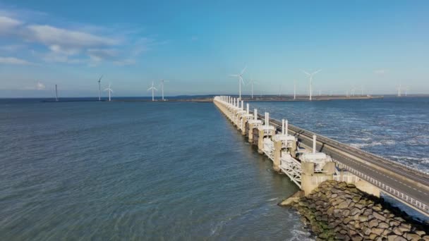 Hollanda Zeeland Deki Doğu Scheldt Fırtına Dalgalanması Bariyerinin Hava Görüntüsü — Stok video