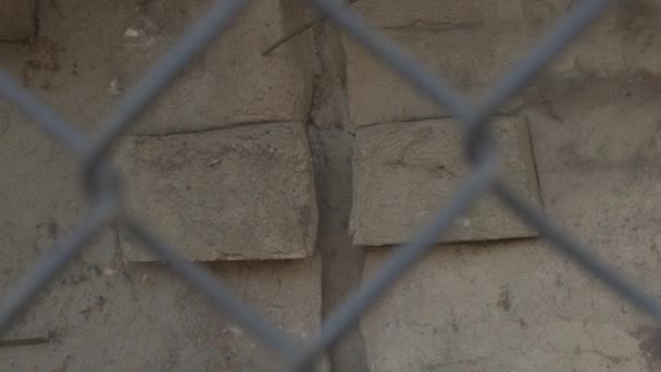 Camera Slowly Pulling Out Stone Wall Chain Link Fence — Stock Video