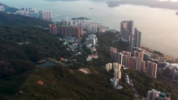 Luchtfoto Van Wolkenkrabbers Dicht Bij Stranden Hong Kong Island Hong — Stockvideo