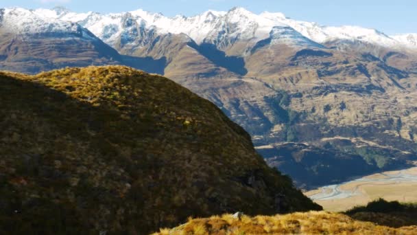 Impresionante Vista Panorámica Montañas Masivas Con Cumbre Nevada Plantas Amarillas — Vídeos de Stock