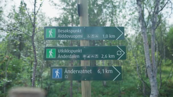 Wanderweg Schild Wald Anderdalen Nationalpark Senja Norwegen Mittlere Nahaufnahme — Stockvideo