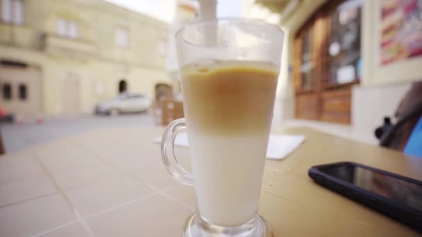 Sipping Frothy Milk Coffee Vacationing Malta Pov Gopro — Stock Video