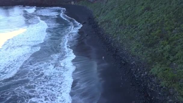 遠くから隔離された男がラ パルマ島の火山の黒い砂の海岸線を歩いている間に波が壊れます — ストック動画