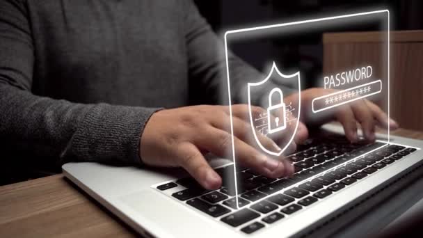 Concepto Seguridad Cibernética Persona Que Utiliza Ordenador Portátil Con Holograma — Vídeo de stock