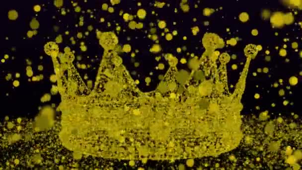Золотая Королевская Корона Частиц Вращающихся Швов Петля Золотыми Частицами Боке — стоковое видео