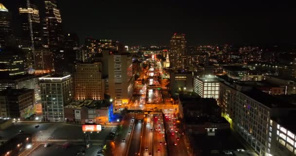 Aerial Flight Traffic Night Dark Sky Downtown Urban American City — Stock Video