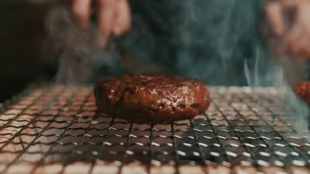 Close Burger Patties Being Fried Hot Smoky Grill Slow Motion — Stock Video