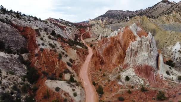 犹他州的一条狭窄的山谷中的路 在一个五彩缤纷的 缓慢运动的 独特的红色岩石结构的山地大轿车中 — 图库视频影像