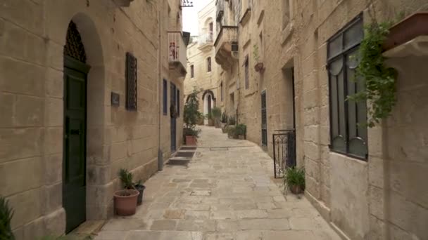 Steeg Versierd Met Planten Huizen Met Gesloten Deuren Birgu Malta — Stockvideo