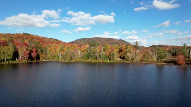 Flygfoto Adirondack Lake Med Klarblå Himmel Och Falla Växlande Blad — Stockvideo