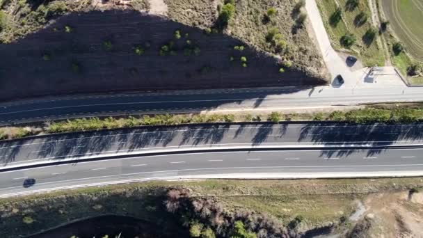 Cars Drive Mountain Road Countryside Spain Top Aerial View — Stock Video