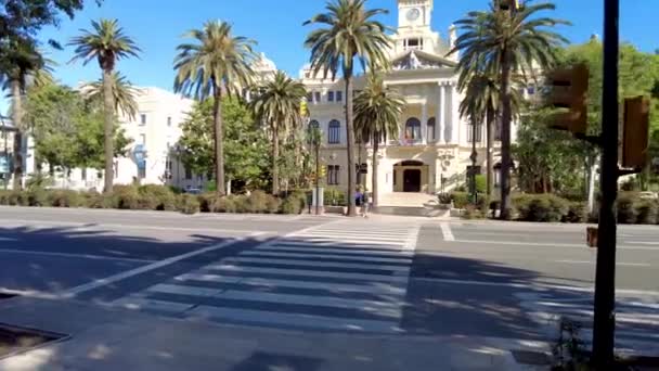 Malaga City Hall Yellow Building Malaga Sunny Summer Day 스페인 — 비디오