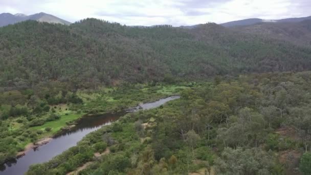 Vista Aérea Del Exuberante Valle Verde Del Río Remota Zona — Vídeo de stock