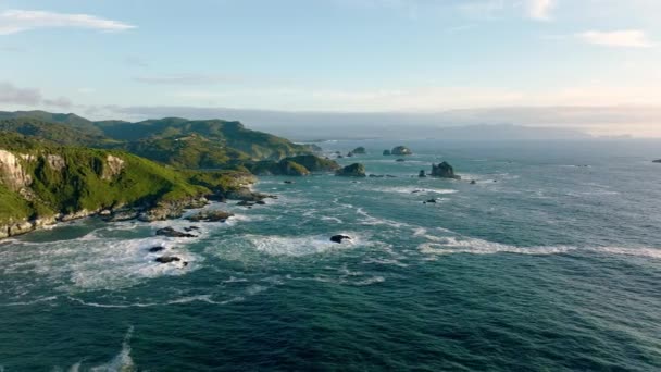 Vista Aérea Cinematográfica Costa Del Océano Pacífico Isla Chilo Dolly — Vídeo de stock