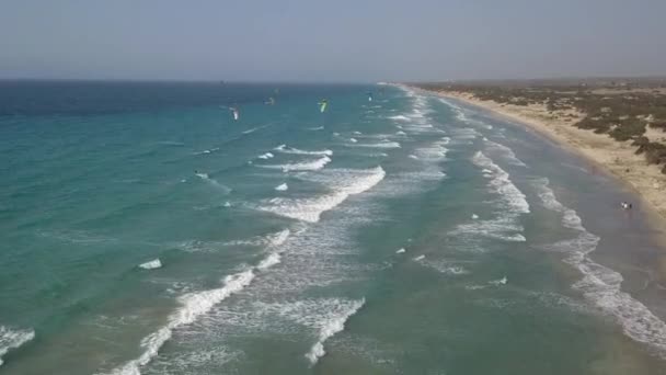 Aerial Rises Kite Surfers Crowd Windy Shallow Sand Beach Kos — Stock Video