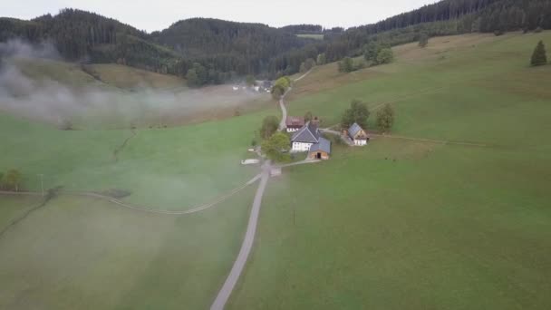 Survol Aérien Vieilles Fermes Pittoresques Dans Vallée Verte Brumeuse Allemande — Video