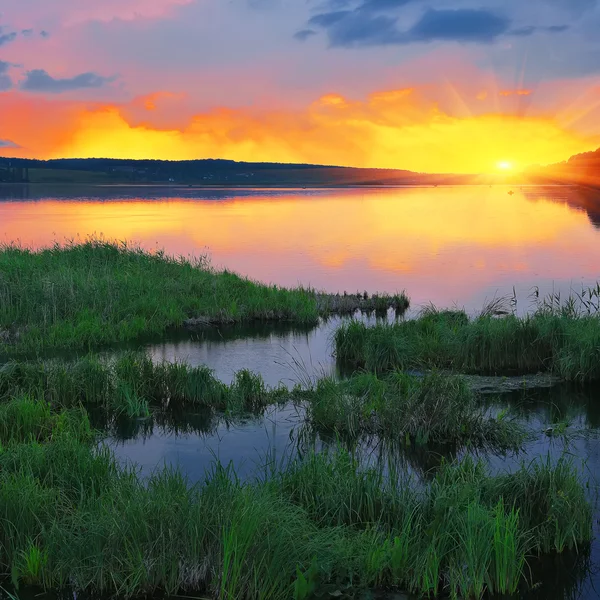 Belo pôr do sol de verão no lago — Fotografia de Stock