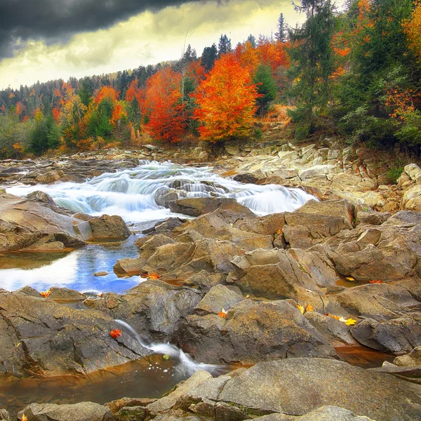 Berg snel stromende rivier stroom van water in de rotsen bij autu — Stockfoto