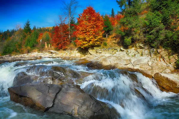 秋の空気では岩を水の川の流れが速く流れる山 — ストック写真