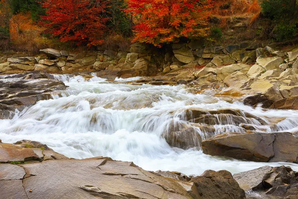 秋の空気では岩を水の川の流れが速く流れる山 — ストック写真