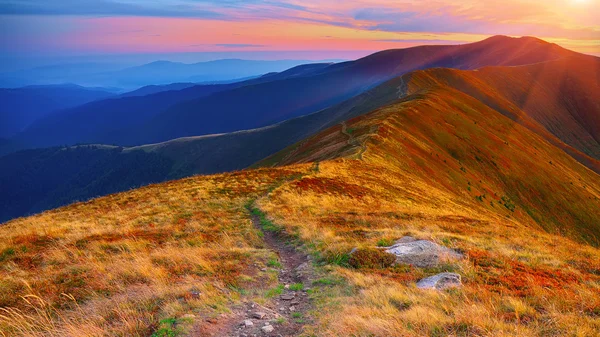 Kronkelende weg door weiden van bergketen bij zonsondergang — Stockfoto