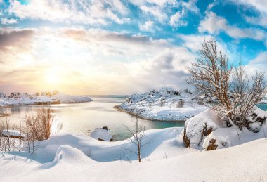 Küçük bir balıkçı köyünde çok kar ve Valberg yakınlarındaki karlı dağ zirveleriyle nefes kesici kış manzarası. Konum: Valberg, Vestvagoy, Lofotens, Norveç