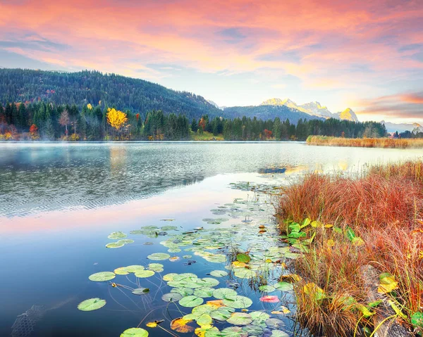 Vue Imprenable Sur Lac Wagenbruchsee Geroldsee Avec Chaîne Montagnes Zugspitze — Photo
