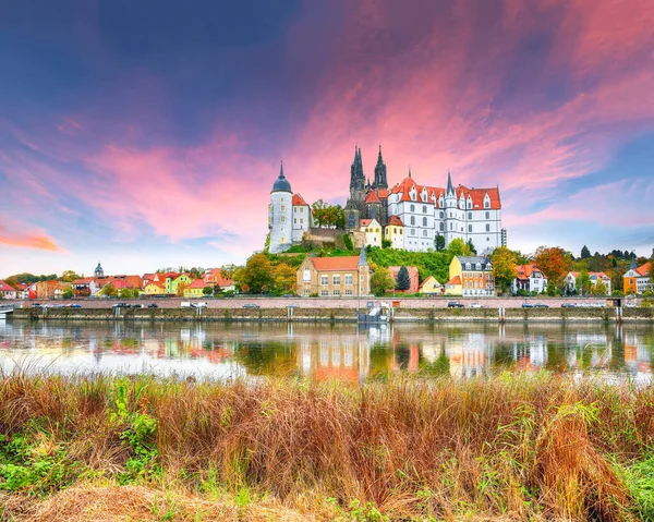 Albrechtsburg城堡和Elbe河畔大教堂的壮观景色 夕阳西下 Meissen Saxony Germany Europe — 图库照片