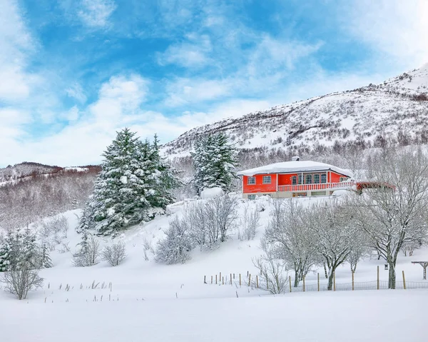 Arquitectura Tradicional Noruega Paisajes Invernales Con Casas Madera Roja Las — Foto de Stock