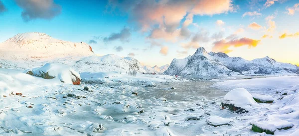 Fabulous Frozen Flakstadpollen Boosen Fjords Cracks Ice Sunrise Hustinden Mountain — Stock Photo, Image