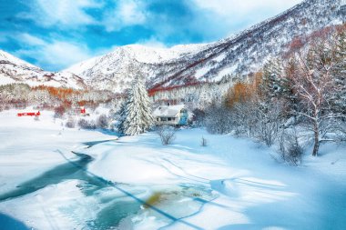 Lofotens 'teki Valberg köyü yakınlarında donmuş nehir, ahşap evler ve karla kaplı çam ağaçları olan muhteşem kış manzarası. Konum: Valberg, Vestvagoy, Lofotens, Norveç