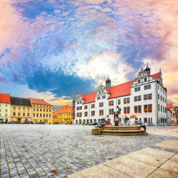 Prachtig Herfstzicht Torgau Rathaus Beroemde Fontein Pittoresk Uitzicht Stad Torgau — Stockfoto