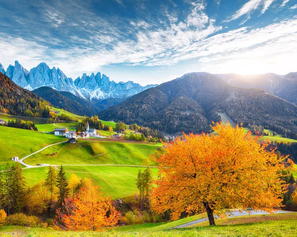 美丽的秋天场景 美丽的圣塔玛达莲娜村 白云石 Santa Maddalena Village Val Funes Trentino Alto — 图库照片