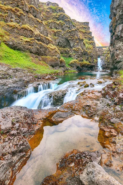 Förbluffande Utsikt Över Kolugljufur Canyon Och Kolufossar Faller Kolugljufur Ravin — Stockfoto