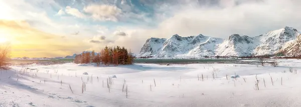 Winterlandschap Met Bevroren Fjord Vestvagoy Eiland Bij Zonsondergang Met Besneeuwde — Stockfoto