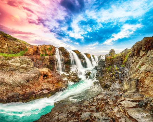 Veduta Drammatica Della Cascata Kolufossar Tramonto Destinazione Turistica Popolare Islanda — Foto Stock