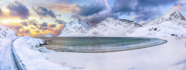 Fantastic Winter View Vik Haukland Beaches Sunset Lots Snow Snowy — Stock Photo, Image