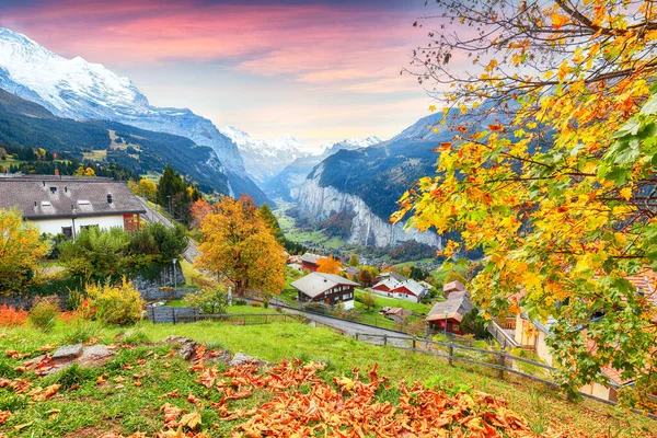 Prachtig Herfstzicht Het Pittoreske Bergdorpje Wengen Met Achtergrond Jungfrau Mountain — Stockfoto